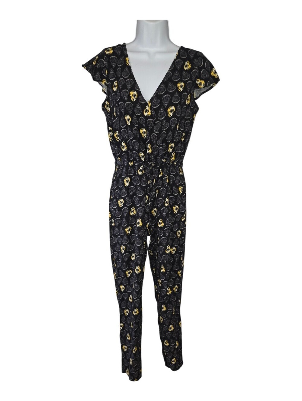 Disney Star Wars BB-8 Print Jumpsuit Black Short Sleeve V-Neck Romper Size M - Picture 2 of 3